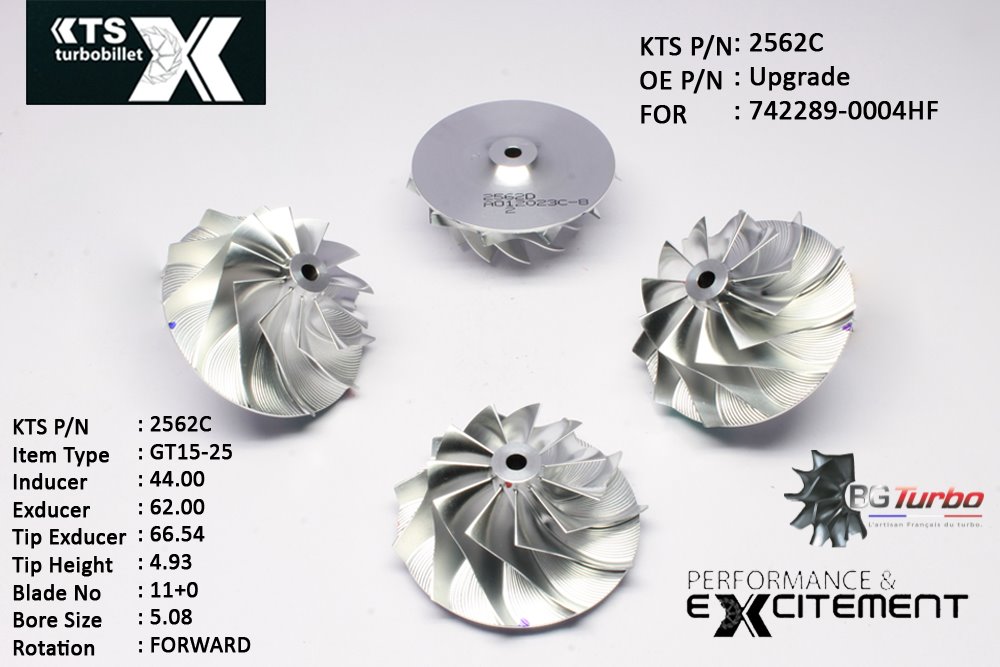 Turbo ROUE FORGÉE MFS PERFORMANCE - 11+0 PALES - INDUCER : 44 - EXDUCER : 62 - TYPE : GT15-25ANGLE : 60° - ROTATION : Forward - SUPER BACK : 3,68 - BORE SIZE : 5,08
